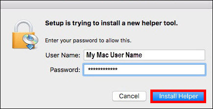 User Name and Password prompt. Install Helper button is outlined in red